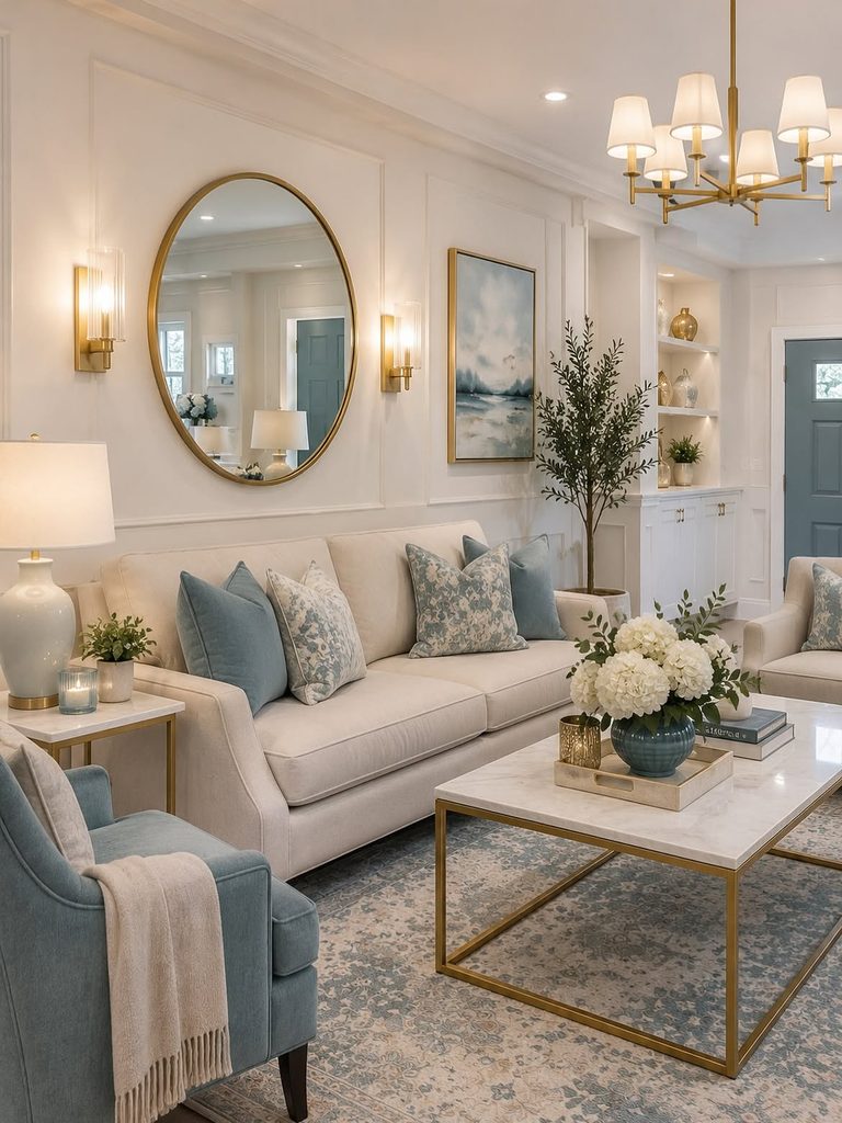 
Living Room Ideas with cream sofa dusty blue armchair and brushed brass coffee table