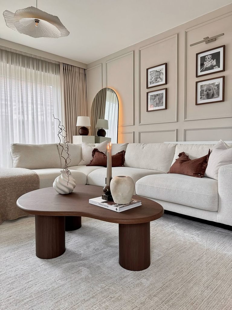 Living Room Ideas with cream boucle sectional sofa and dark walnut organic coffee table