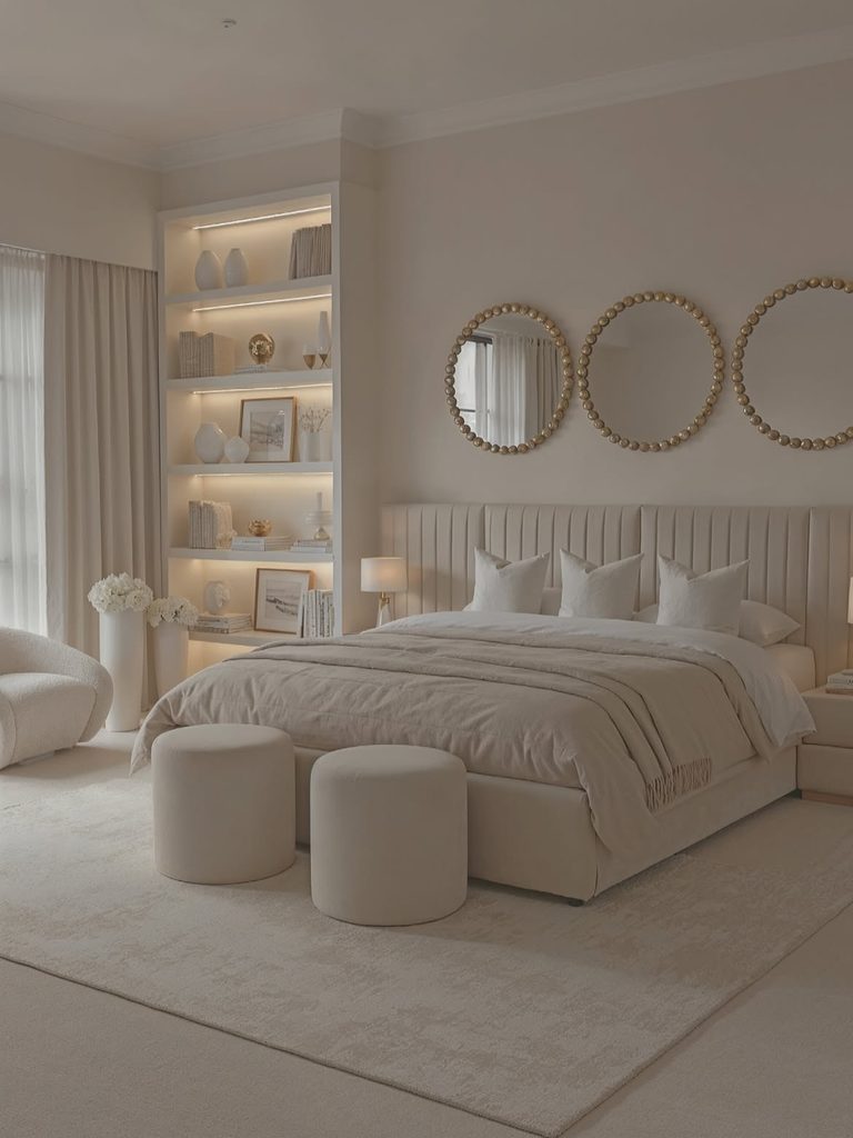 Bedroom Decor Ideas with cream boucle armchair, gold beaded mirrors, and channelled upholstered headboard