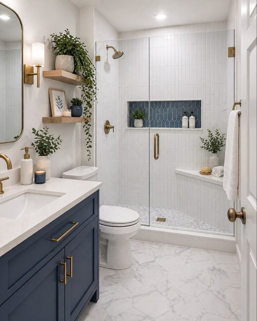
Blue Bathroom Ideas with navy vanity, brushed brass fixtures, and glass shower enclosure