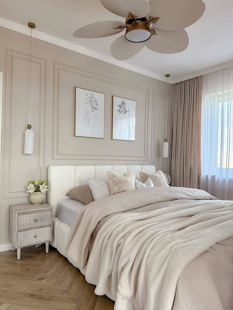 
Bedroom Decor Ideas featuring a boucle upholstered bed and brushed brass pendant lights in a mushroom taupe room