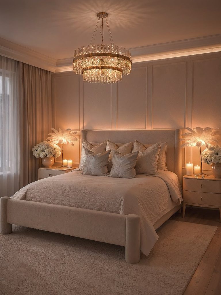 Bedroom Decor Ideas with crystal chandelier, upholstered bed, and feather lamps in warm champagne tones