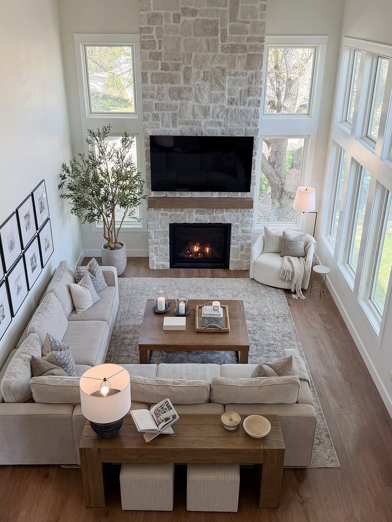 
Living Room Ideas overhead view with stone fireplace sectional sofa and wood coffee table