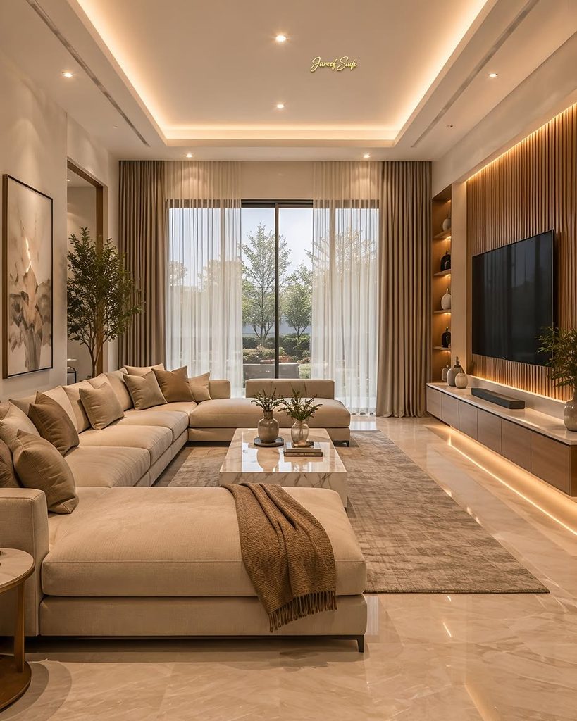 Modern living room with beige sectional sofa and warm oak TV wall unit