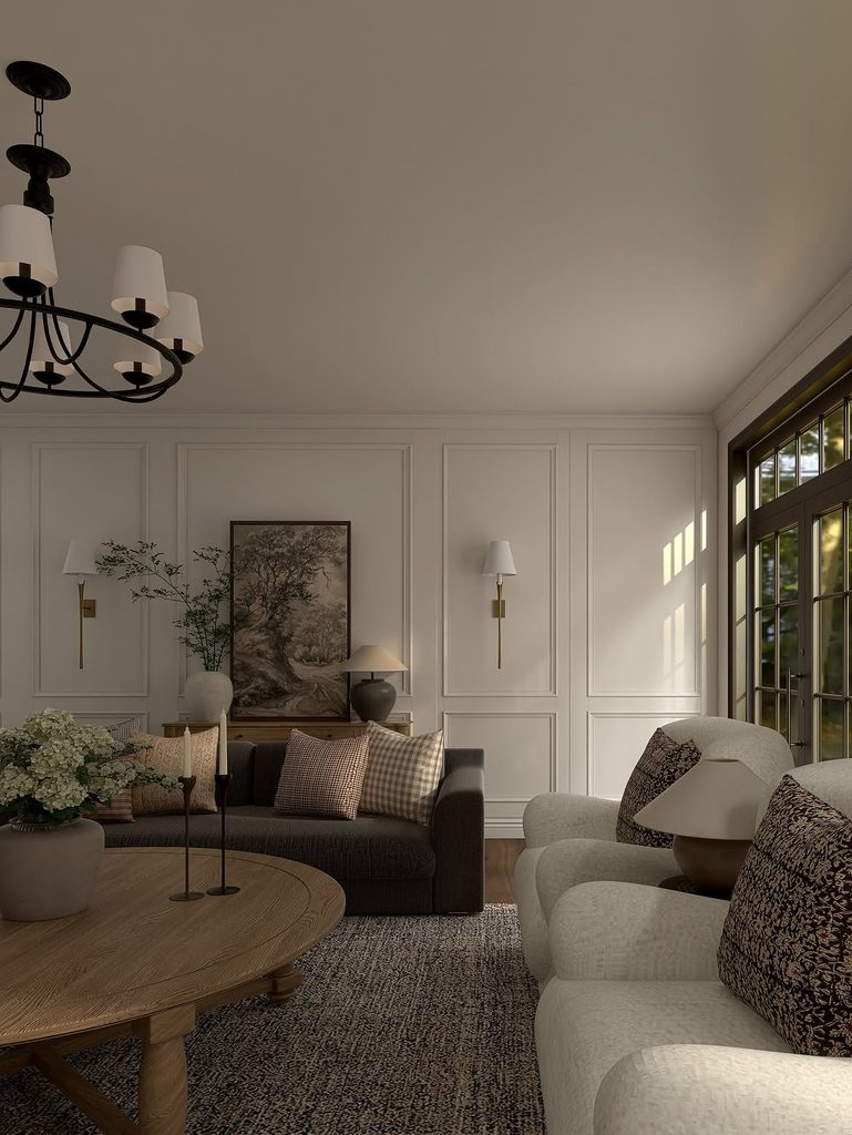 Living Room Ideas with dark charcoal sofa boucle armchair and brass wall sconces