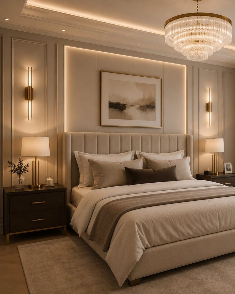 Luxury bedroom with channeled velvet headboard, crystal chandelier, and brass wall sconces
